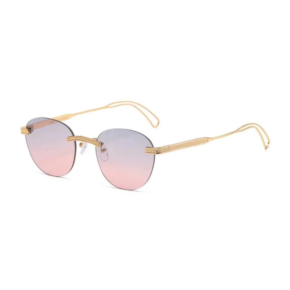 Mens Frameless Round Sunglasses Gold Metal Purple Pink Lens Retro Festival Music